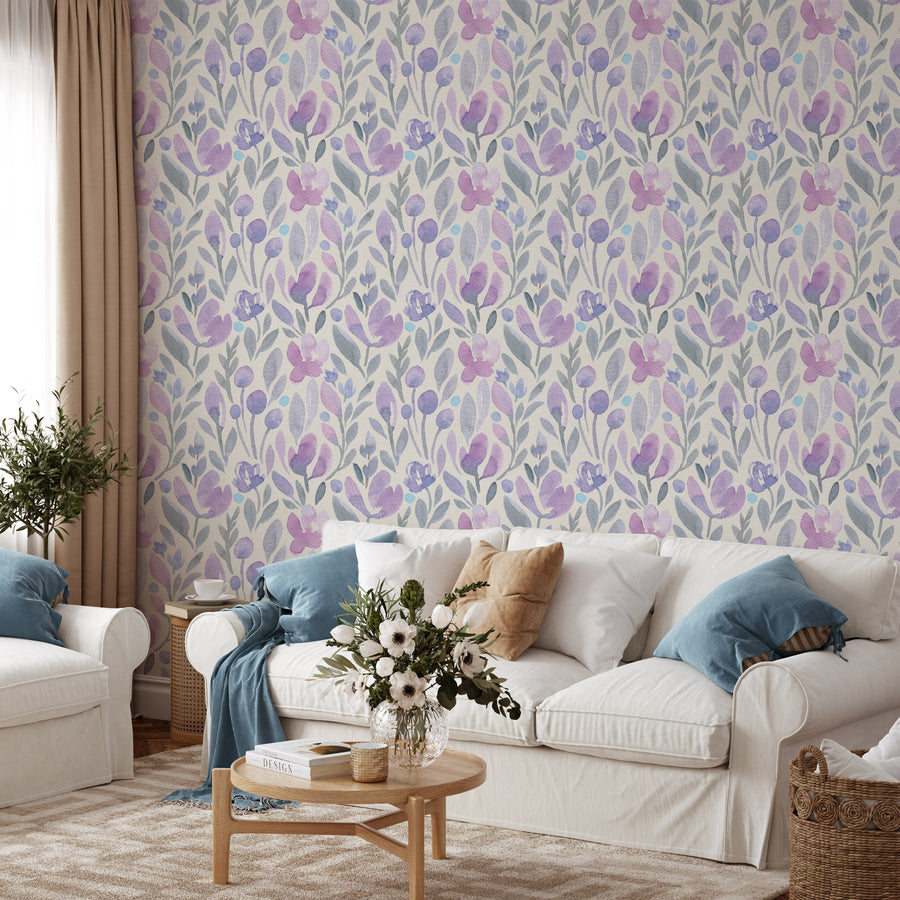 Living room with Purple Botanical Watercolor Floral Wallpaper