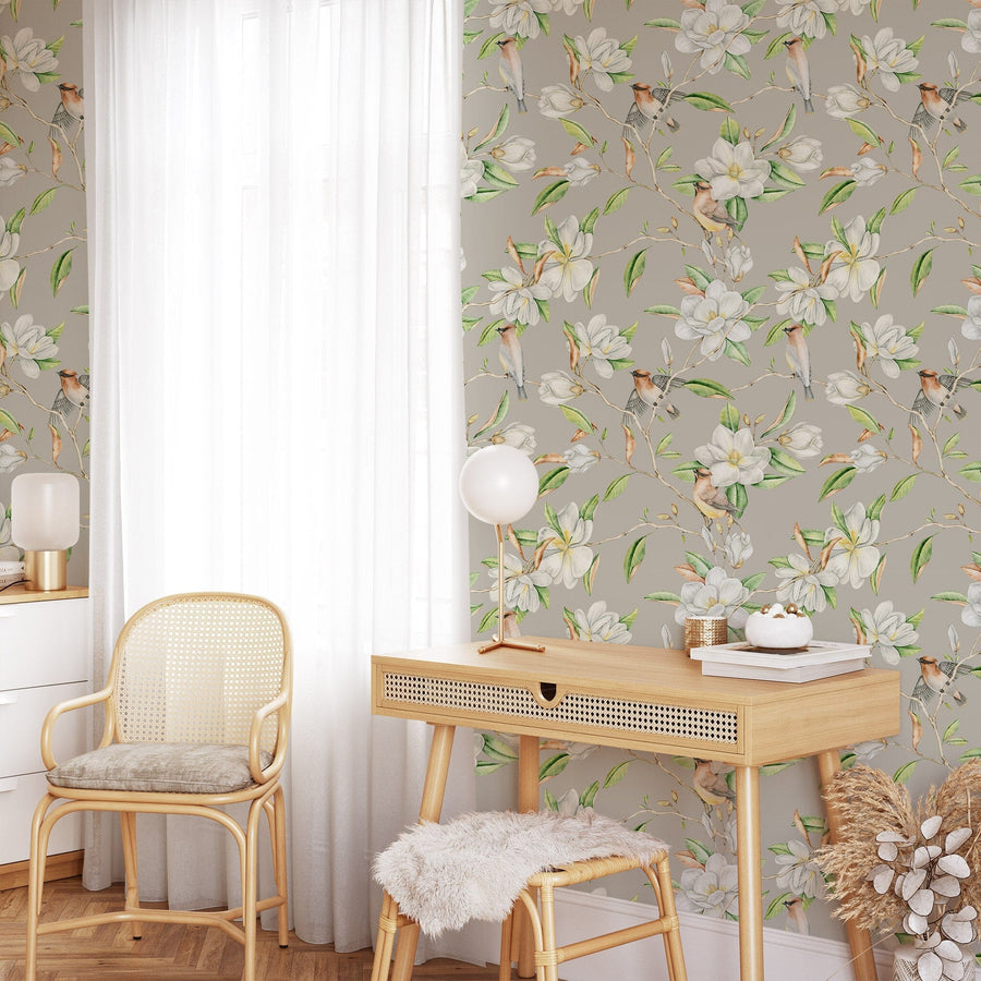 Magnolia Flowers and Birds Wallpaper Removable Wallpaper EazzyWalls