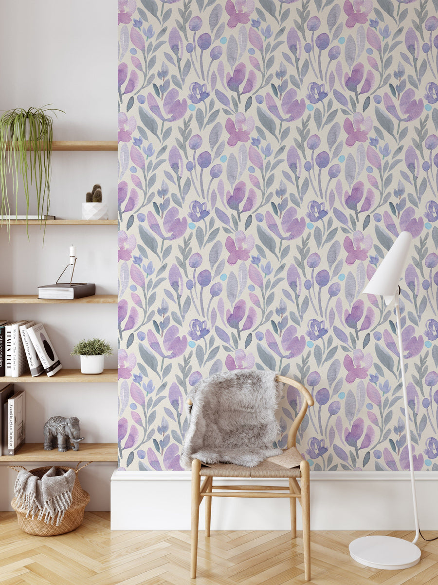 Modern interior with Purple Botanical Watercolor Floral Wallpaper