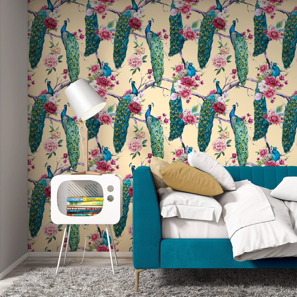 Peacock and Pink Magnolia Wallpaper Peel and stick Wallpaper EazzyWalls 