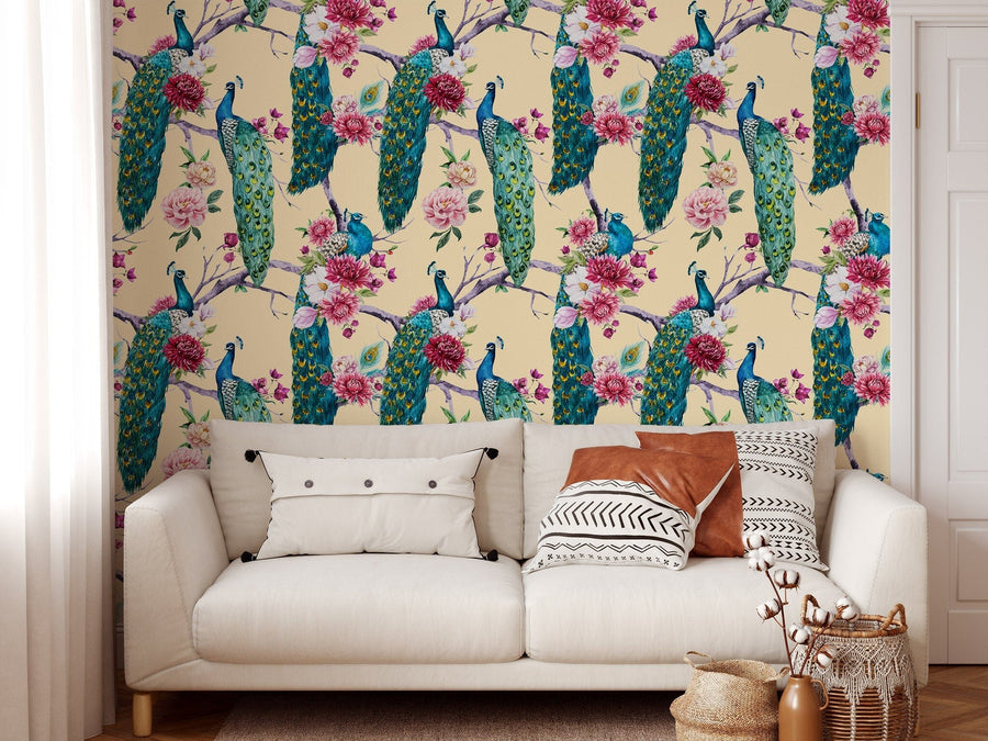 Peacock and Pink Magnolia Wallpaper Peel and stick Wallpaper EazzyWalls