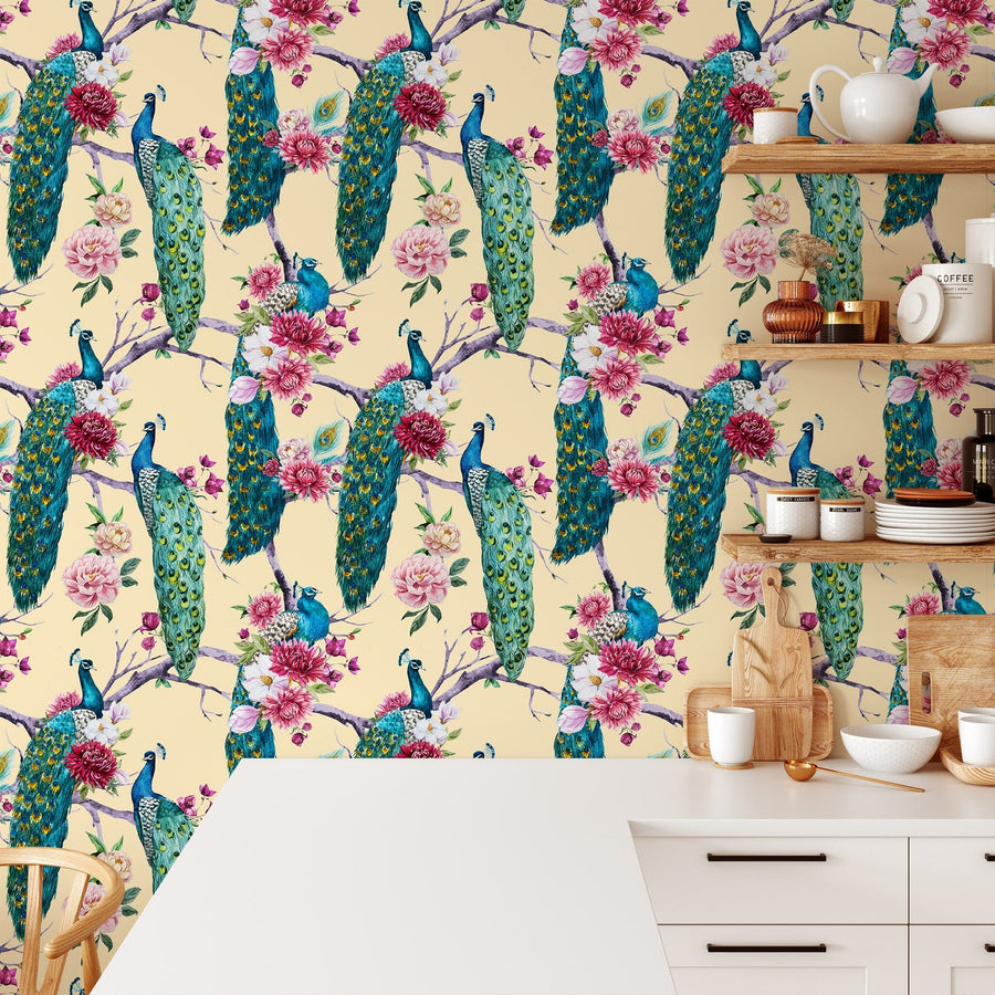 Peacock and Pink Magnolia Wallpaper Peel and stick Wallpaper EazzyWalls