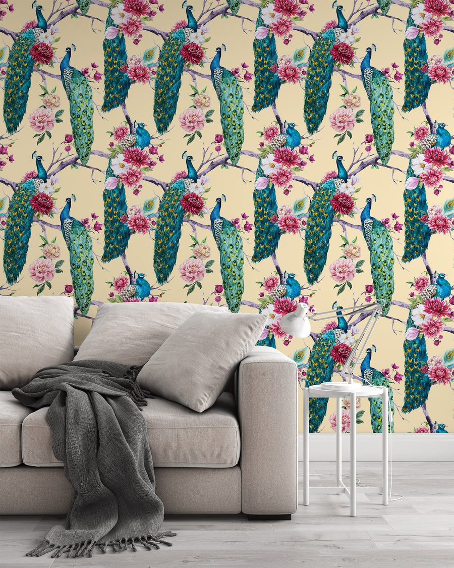 Peacock and Pink Magnolia Wallpaper Peel and stick Wallpaper EazzyWalls
