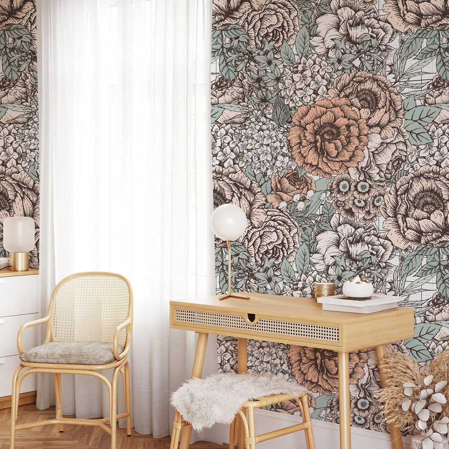 Vintage Peony Flowers Wallpaper Removable Wallpaper EazzyWalls Sample: 12"W x 10"H Smooth Vinyl