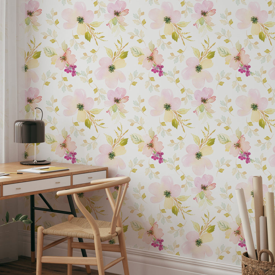 Watercolor Gentle Pink Flowers Pattern Large Scale Wallpaper Removable Wallpaper EazzyWalls