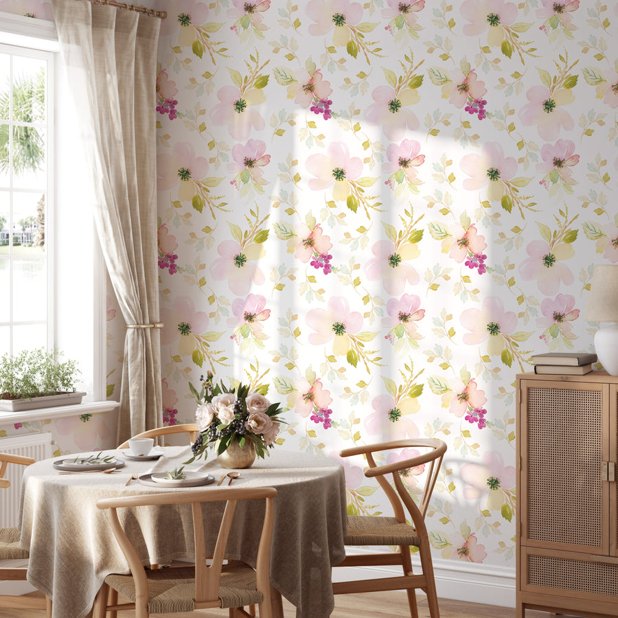 Watercolor Gentle Pink Flowers Pattern Large Scale Wallpaper Removable Wallpaper EazzyWalls