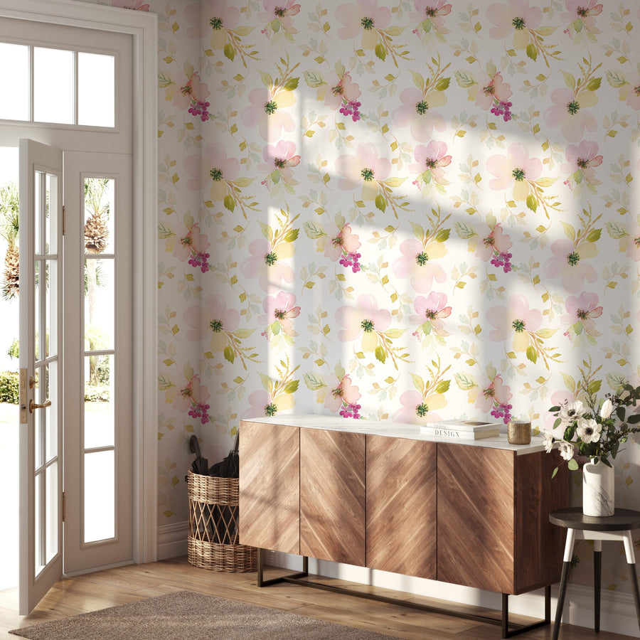 Watercolor Gentle Pink Flowers Pattern Large Scale Wallpaper Removable Wallpaper EazzyWalls