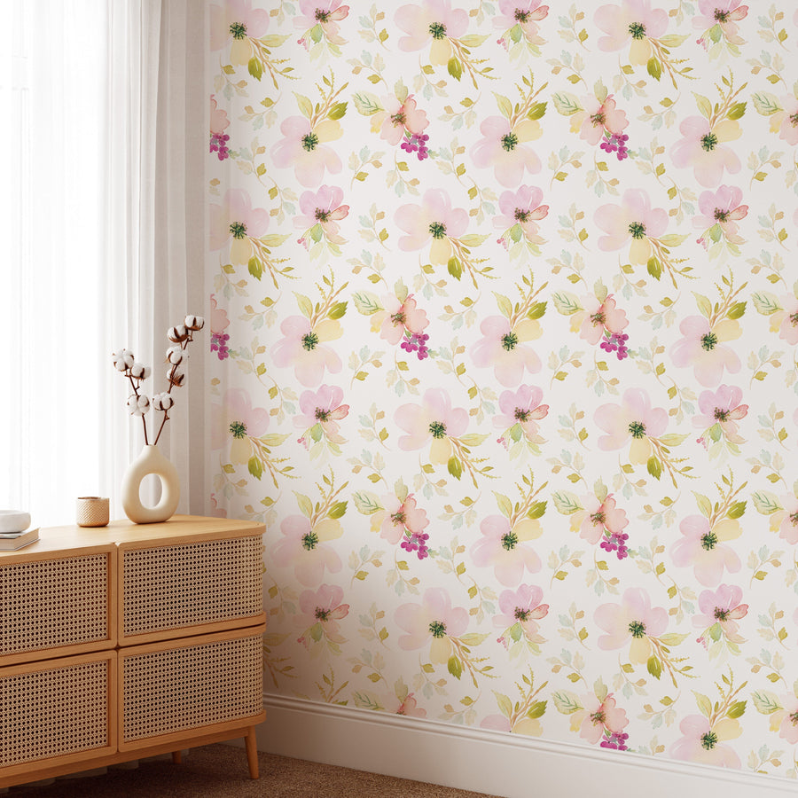 Watercolor Gentle Pink Flowers Pattern Large Scale Wallpaper Removable Wallpaper EazzyWalls