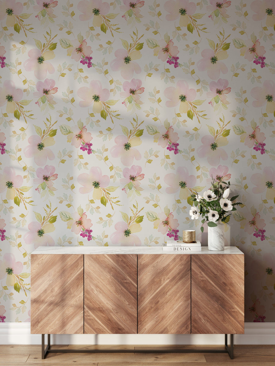 Watercolor Gentle Pink Flowers Pattern Large Scale Wallpaper Removable Wallpaper EazzyWalls