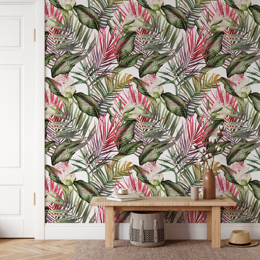 Green and Pink Watercolor Tropical Leaves Wallpaper Peel and stick Wallpaper EazzyWalls