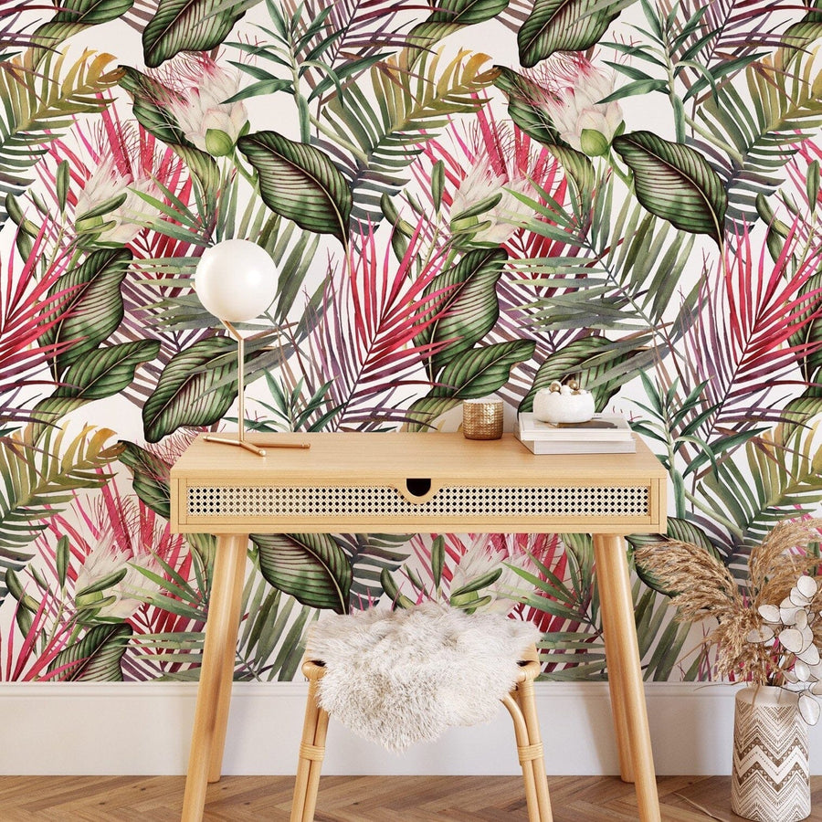 Green and Pink Watercolor Tropical Leaves Wallpaper Peel and stick Wallpaper EazzyWalls