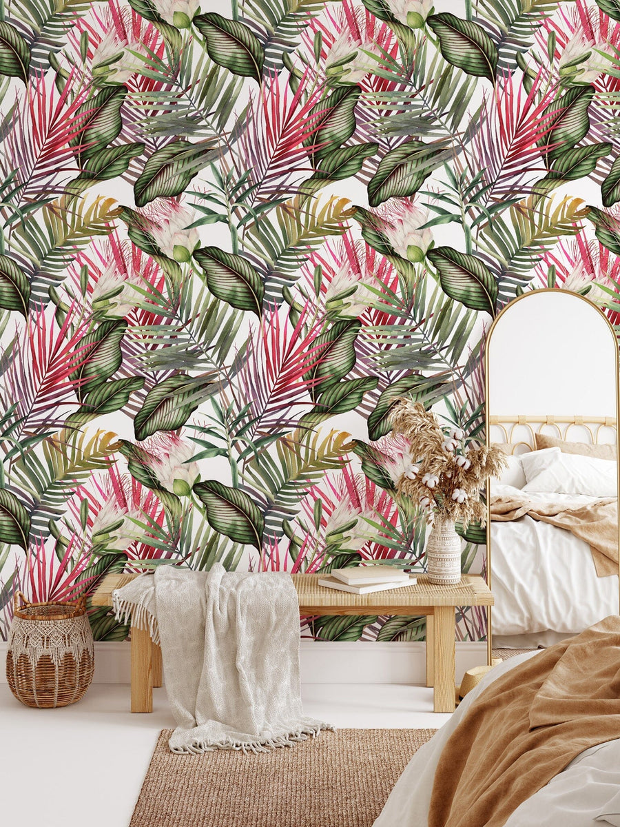 Green and Pink Watercolor Tropical Leaves Wallpaper Peel and stick Wallpaper EazzyWalls