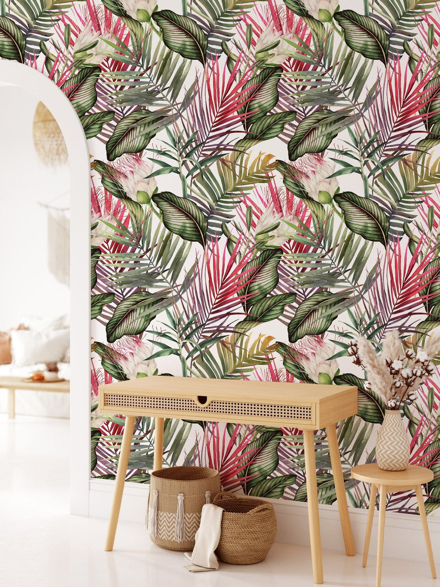 Green and Pink Watercolor Tropical Leaves Wallpaper Peel and stick Wallpaper EazzyWalls