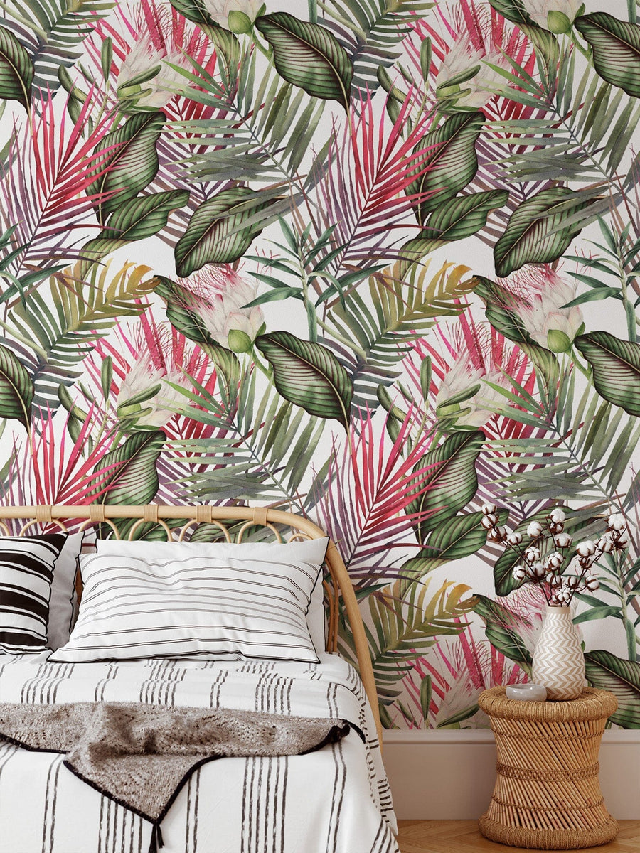 Green and Pink Watercolor Tropical Leaves Wallpaper Peel and stick Wallpaper EazzyWalls