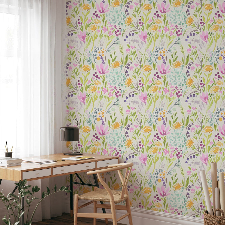 Hand Painted Colorful Flowers Wallpaper Peel and stick Wallpaper EazzyWalls