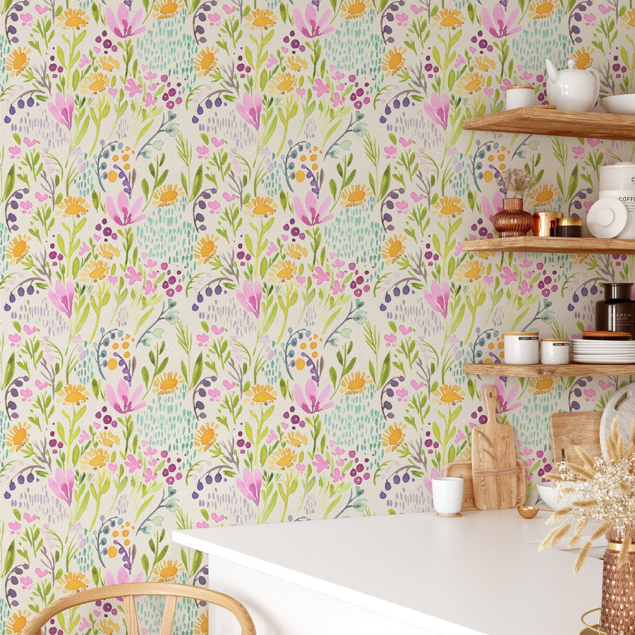 Hand Painted Colorful Flowers Wallpaper Peel and stick Wallpaper EazzyWalls