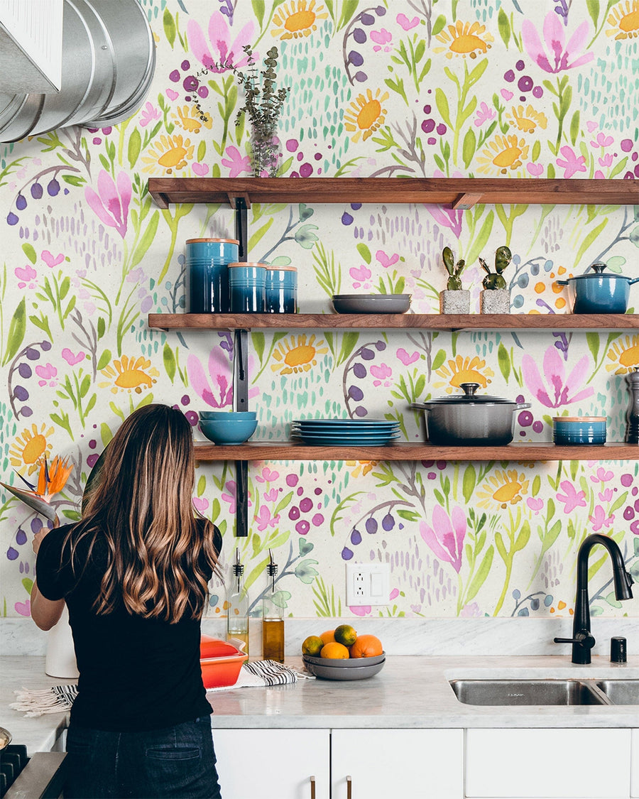Hand Painted Colorful Flowers Wallpaper Peel and stick Wallpaper EazzyWalls