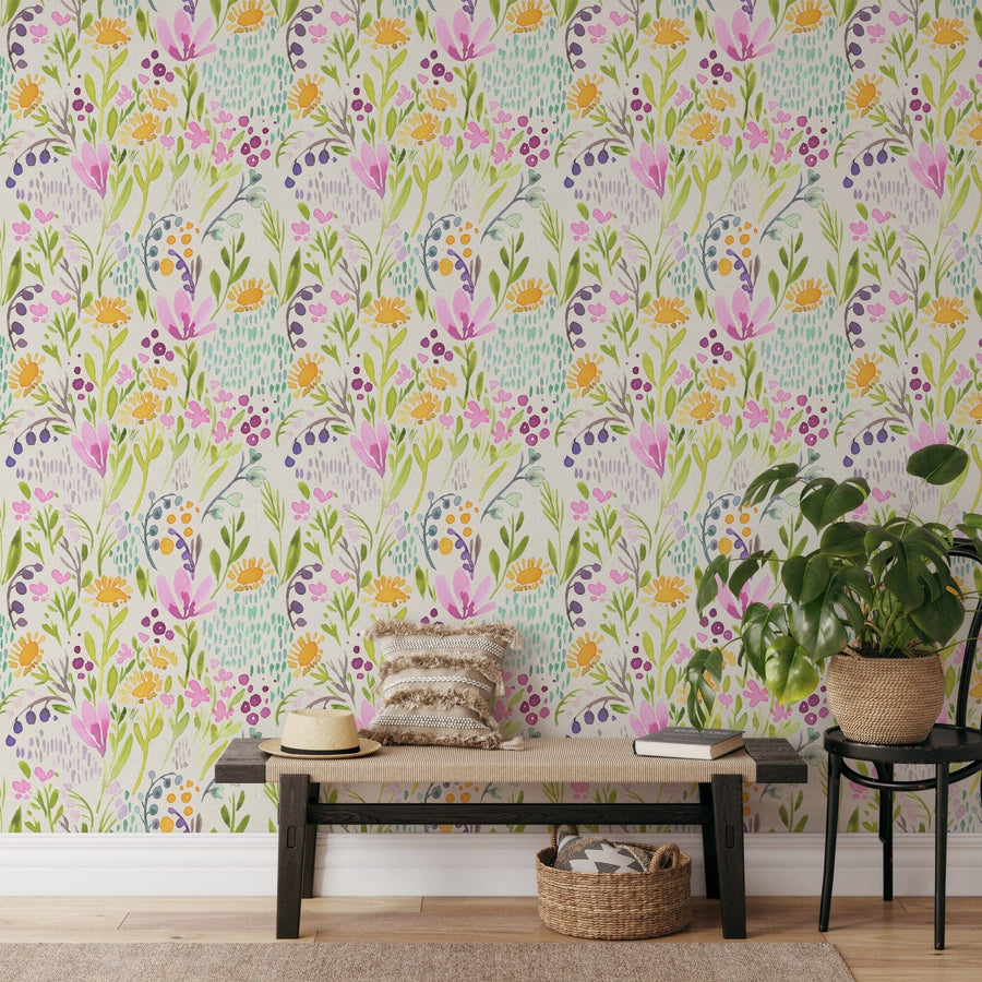 Hand Painted Colorful Flowers Wallpaper Peel and stick Wallpaper EazzyWalls