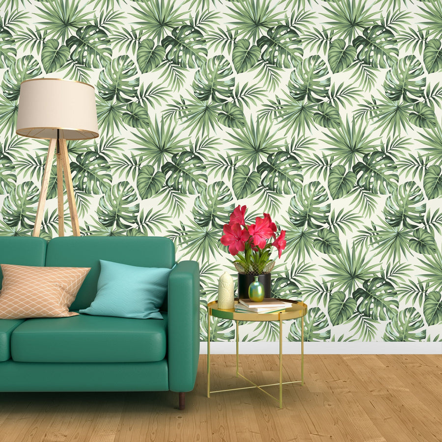 Green Tropical Palm Leaves Peel and Stick Wallpaper Removable Wallpaper EazzyWalls