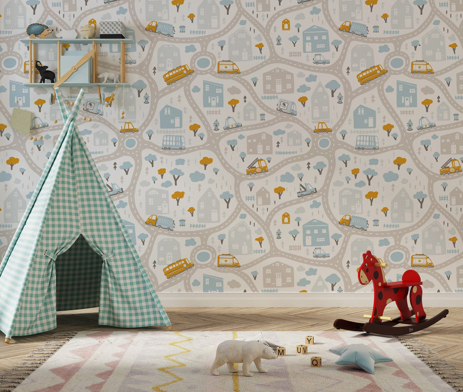 Cars, Road, Park, Houses Wallpaper for Nursery Wallpaper Removable Wallpaper EazzyWalls