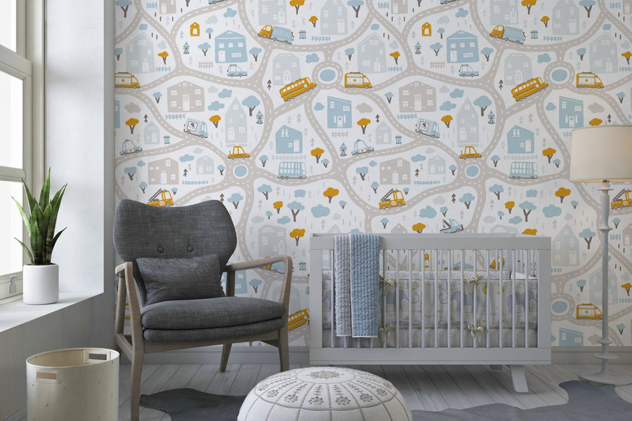 Cars, Road, Park, Houses Wallpaper for Nursery Wallpaper Removable Wallpaper EazzyWalls