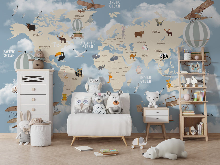 Kids World Map Animal Learning Wallpaper Peel and stick Wallpaper EazzyWalls