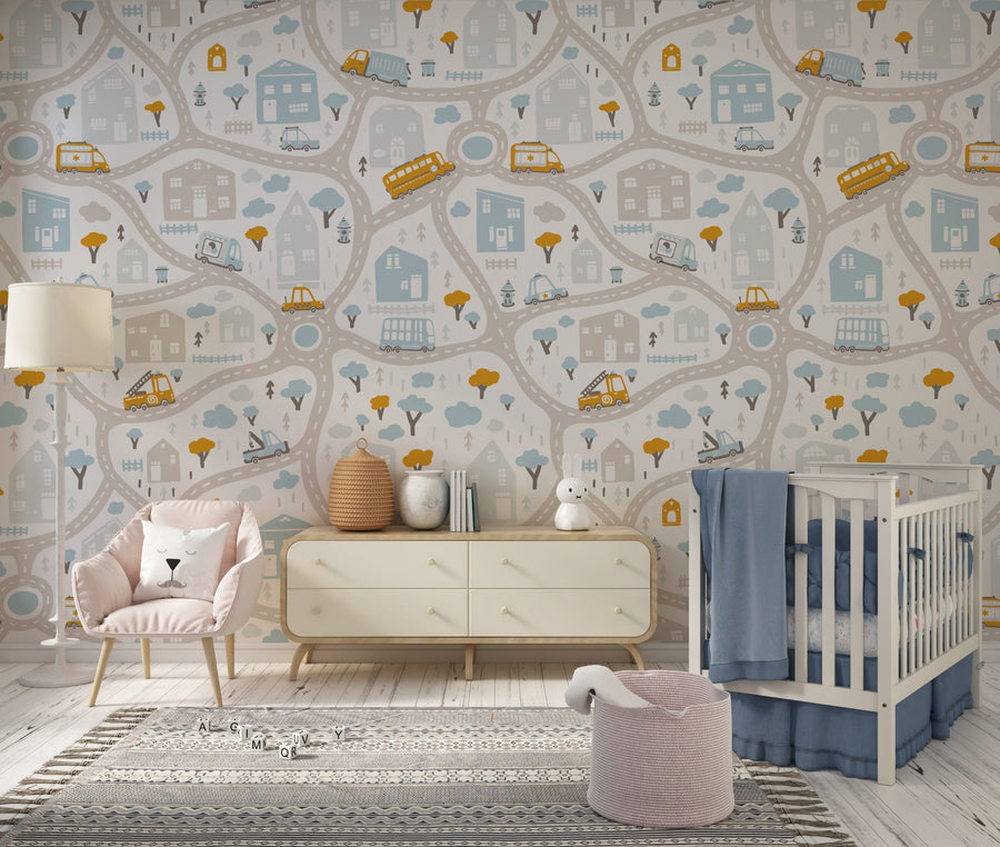 Cars, Road, Park, Houses Wallpaper for Nursery Wallpaper Removable Wallpaper EazzyWalls