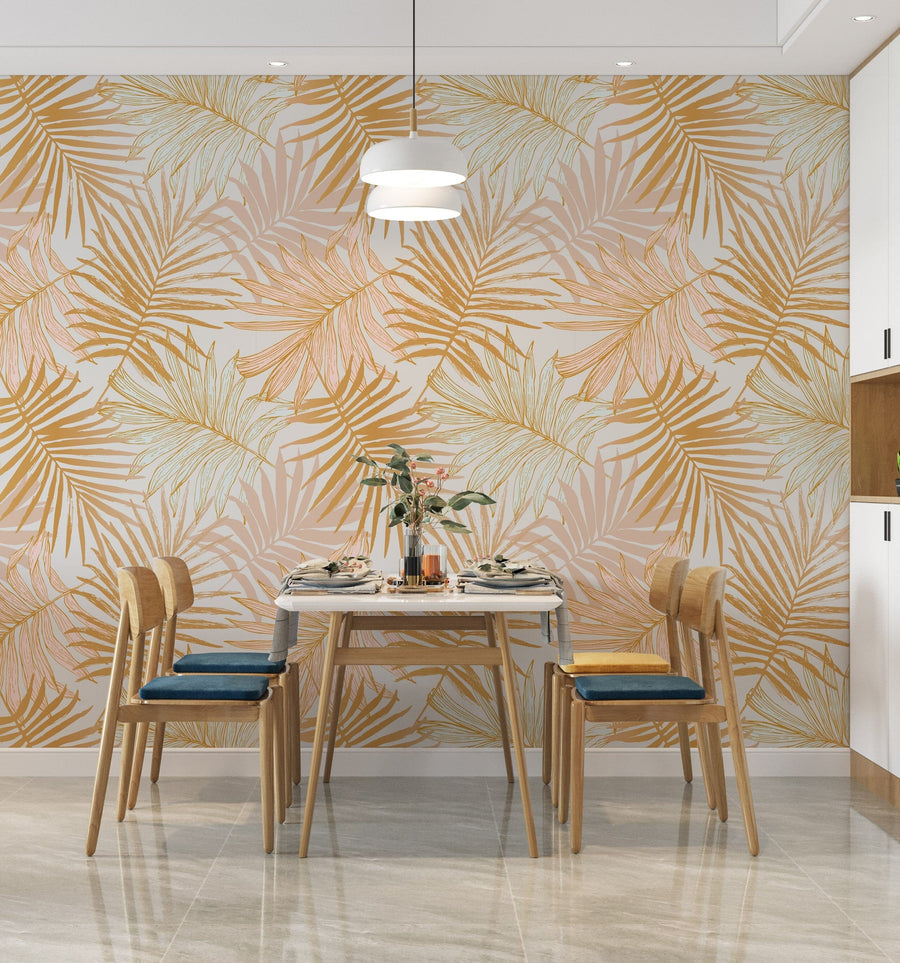 Golden Tropical Leaves Pattern Peel and Stick Wallpaper Peel and stick Wallpaper EazzyWalls