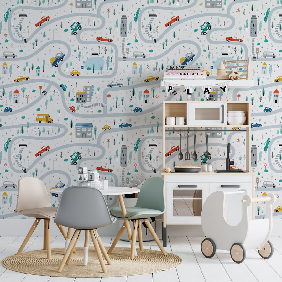 Cars, Road, Park, Houses Kids Wallpaper Peel and stick Wallpaper EazzyWalls