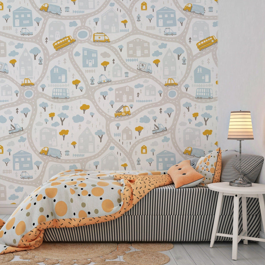 Cars, Road, Park, Houses Wallpaper for Nursery Wallpaper Removable Wallpaper EazzyWalls