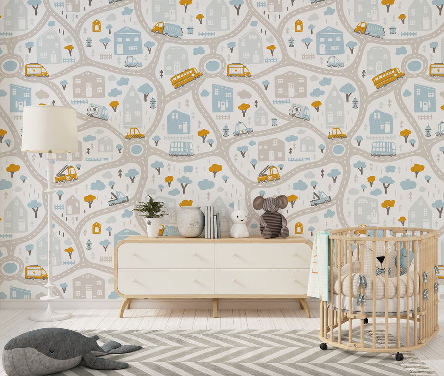 Cars, Road, Park, Houses Wallpaper for Nursery Wallpaper Removable Wallpaper EazzyWalls