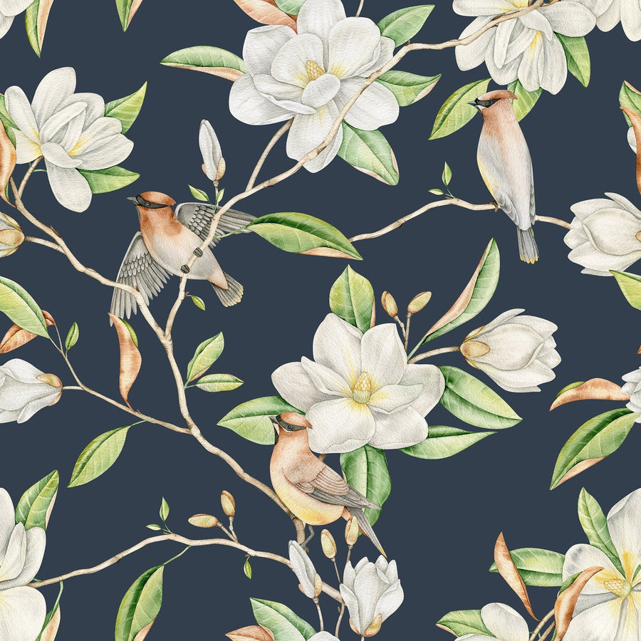 Dark Magnolia and Birds Pattern Wallpaper Removable Wallpaper EazzyWalls Sample: 12"W x 10"H Smooth Vinyl