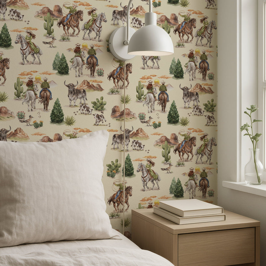 Boho bedroom with western cowboy riding horse wallpaper