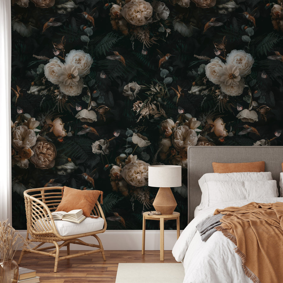 Dark floral maximalist wallpaper