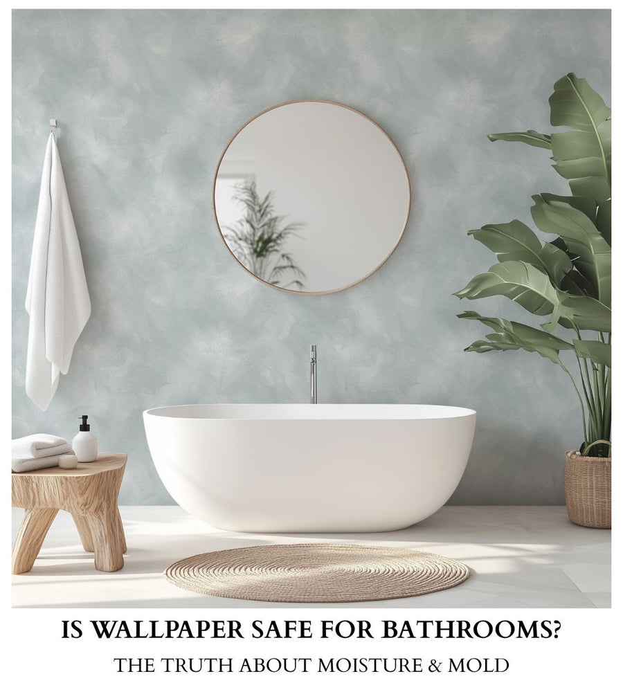 Luxury bathroom with moisture resistant marble stone like wallpaper and gold mirror