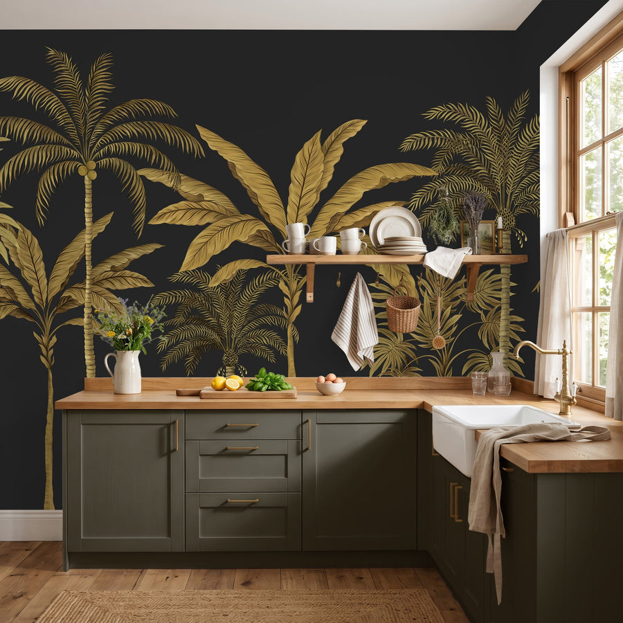 Modern kitchen with navy blue tropical palm trees wallpaper mural