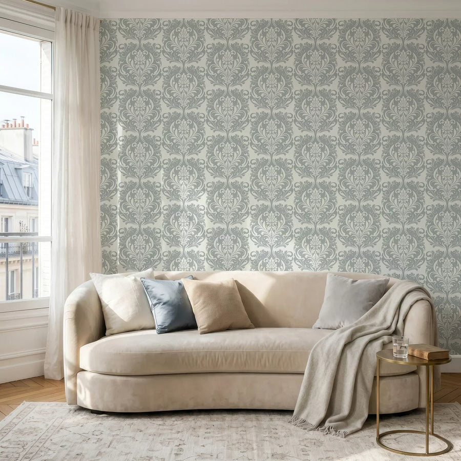 Modern living room with blue vintage damask peel and stick wallpaper