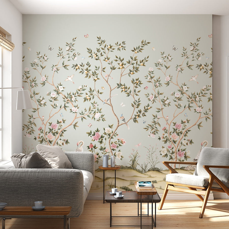 Modern living room with light blue chinoiserie wallpaper