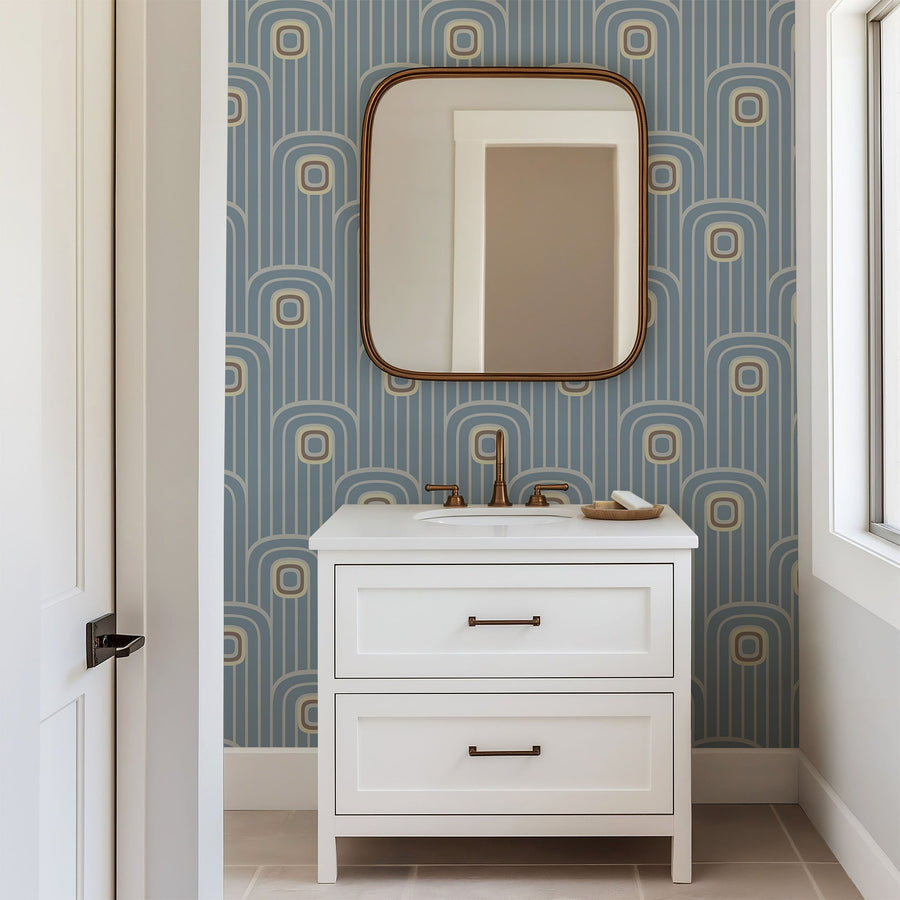Powder room with blue arches geometrical wallpaper