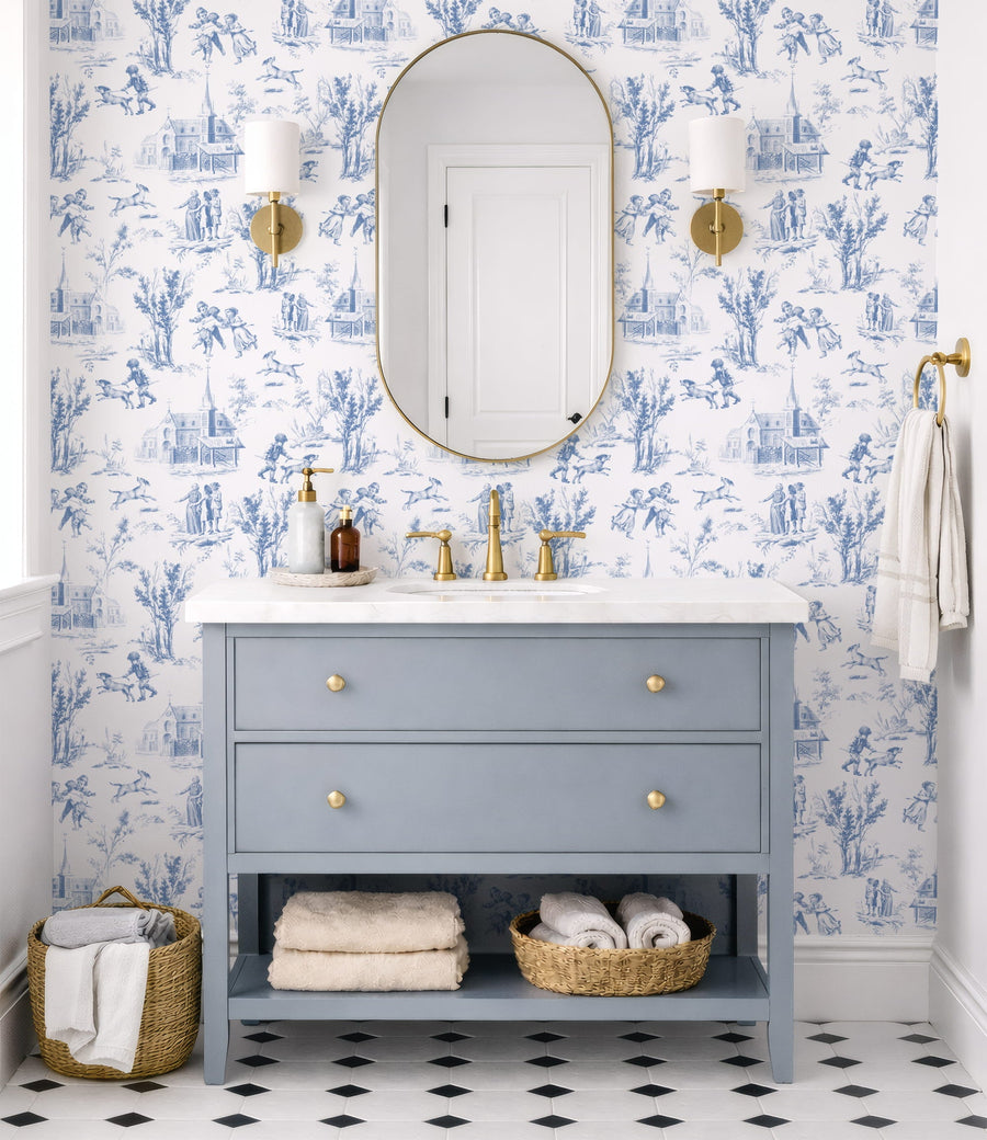 Powder room with luxury toile bathroom wallpaper