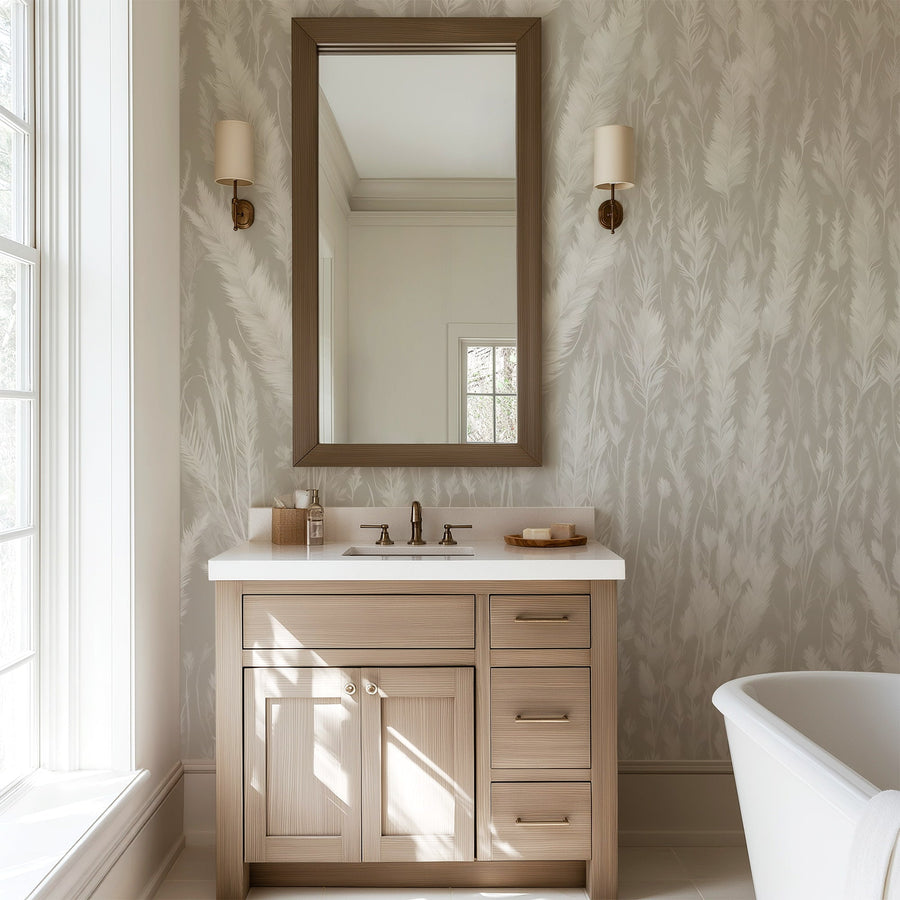 Modern airbnb bathroom with beige grass leaves wallpaper