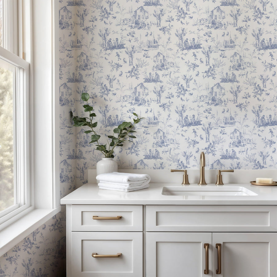 Blue toile bathroom wallpaper