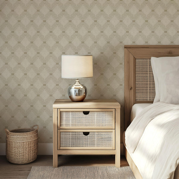 Modern bedroom with boho wallpaper