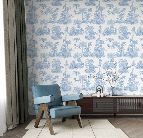Modern Living Room with Blue Toile Safari Animals Wallpaper