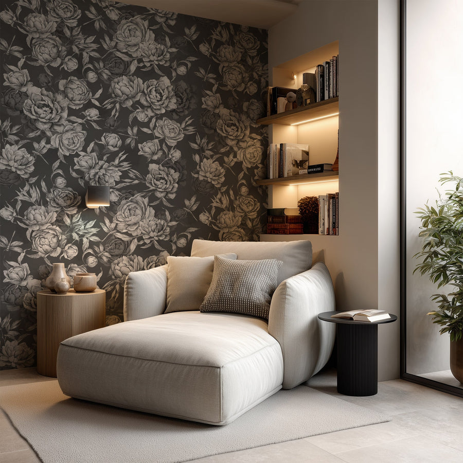 Living room with Black and white peony floral wallpaper
