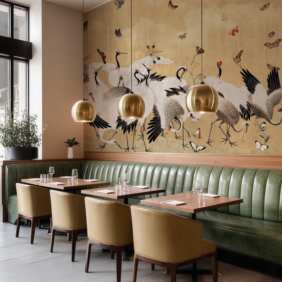 Modern restaurant with Japanese Crane Yellow Wallpaper