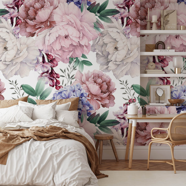 Bedroom with Large Scale Peony Flowers Wallpaper Mural