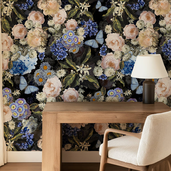Living room with floral blue and beige flowers wallpaper