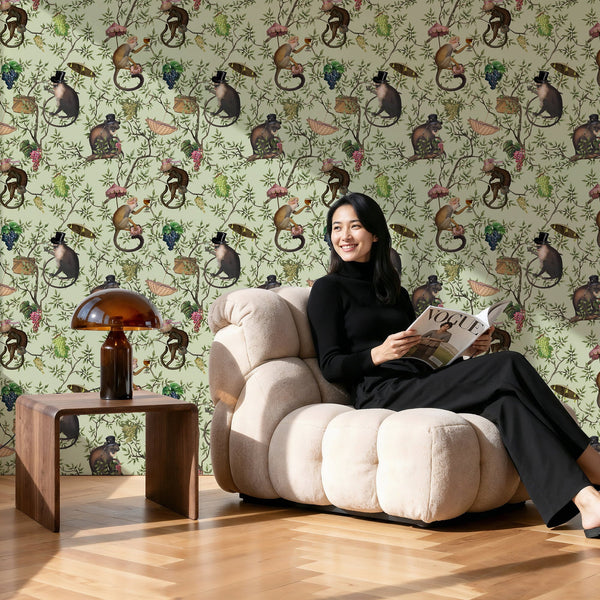 Modern living room with bold preppy wallpaper