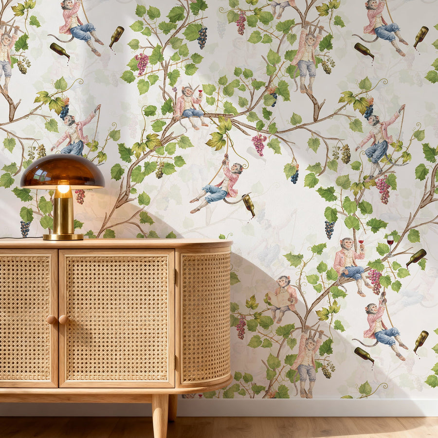 Wooden cabinet with a Singerie Monkey Romantic Wallpaper – Vineyard & Wine Pattern